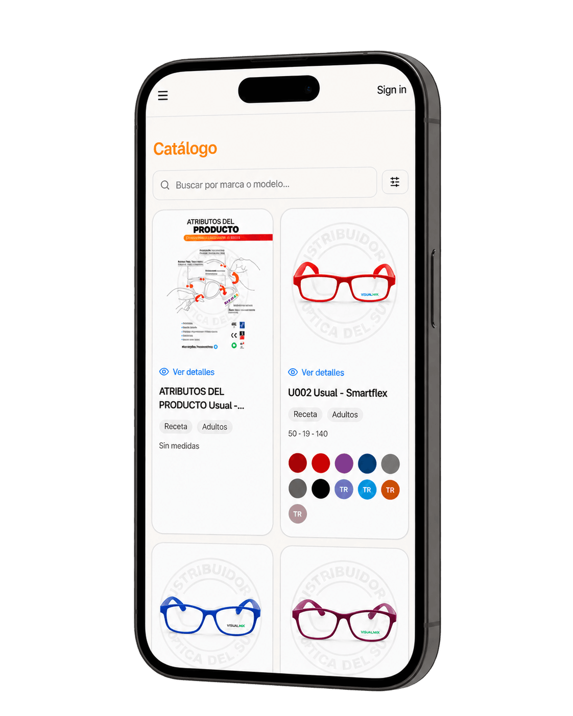 App D.O.S en un teléfono, mostrando el catálogo de anteojos